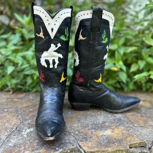 Larry Mahan Shoes - Women’s Size 7.5 B - Larry Mahan Vintage Cowboy Western Boots Horseback Inlays